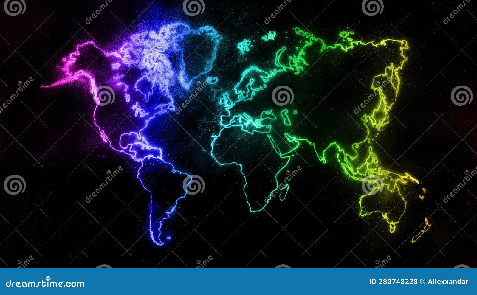 colorful worldÃÂ mapÃÂ on dark background, rainbowÃÂ glowing world map